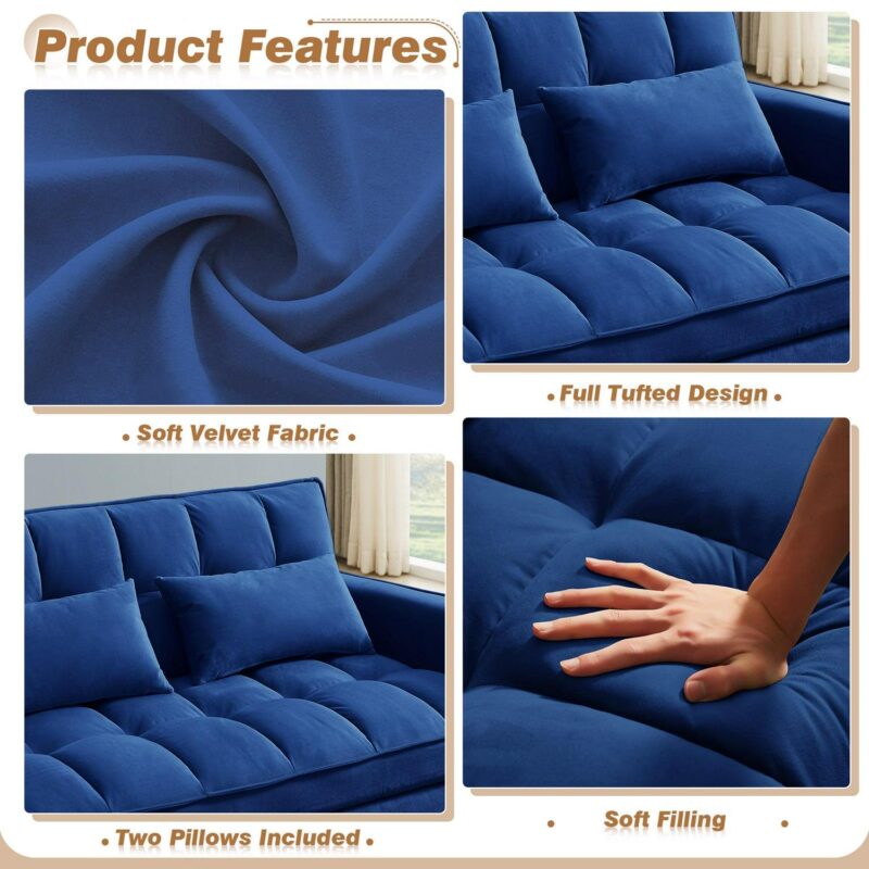 Dinosisco 3 in 1 Convertible Pull Out Sofa Bed, 55  Velvet Sleeper Loveseat, Cobalt Blue - Image 7