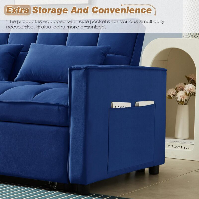 Dinosisco 3 in 1 Convertible Pull Out Sofa Bed, 55  Velvet Sleeper Loveseat, Cobalt Blue - Image 8