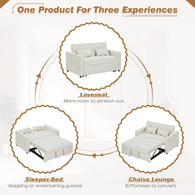 Dinosisco 3 in 1 Convertible Pull Out Sofa Bed, 55  Velvet Sleeper Loveseat, Beige - Image 2
