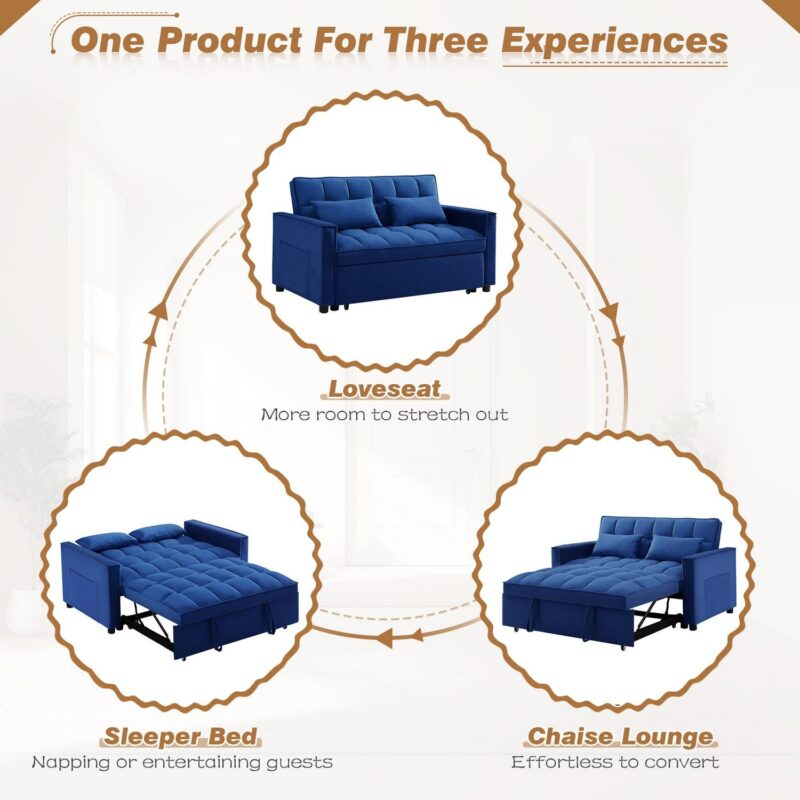 Dinosisco 3 in 1 Convertible Pull Out Sofa Bed, 55  Velvet Sleeper Loveseat, Cobalt Blue - Image 6
