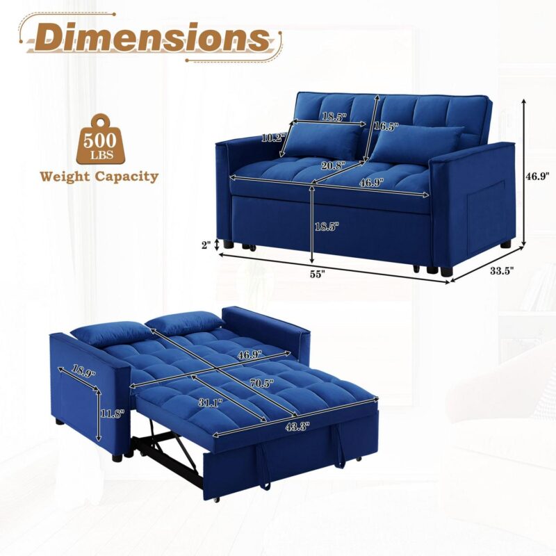 Dinosisco 3 in 1 Convertible Pull Out Sofa Bed, 55  Velvet Sleeper Loveseat, Cobalt Blue - Image 4