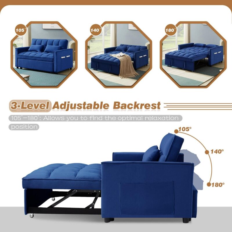 Dinosisco 3 in 1 Convertible Pull Out Sofa Bed, 55  Velvet Sleeper Loveseat, Cobalt Blue - Image 2