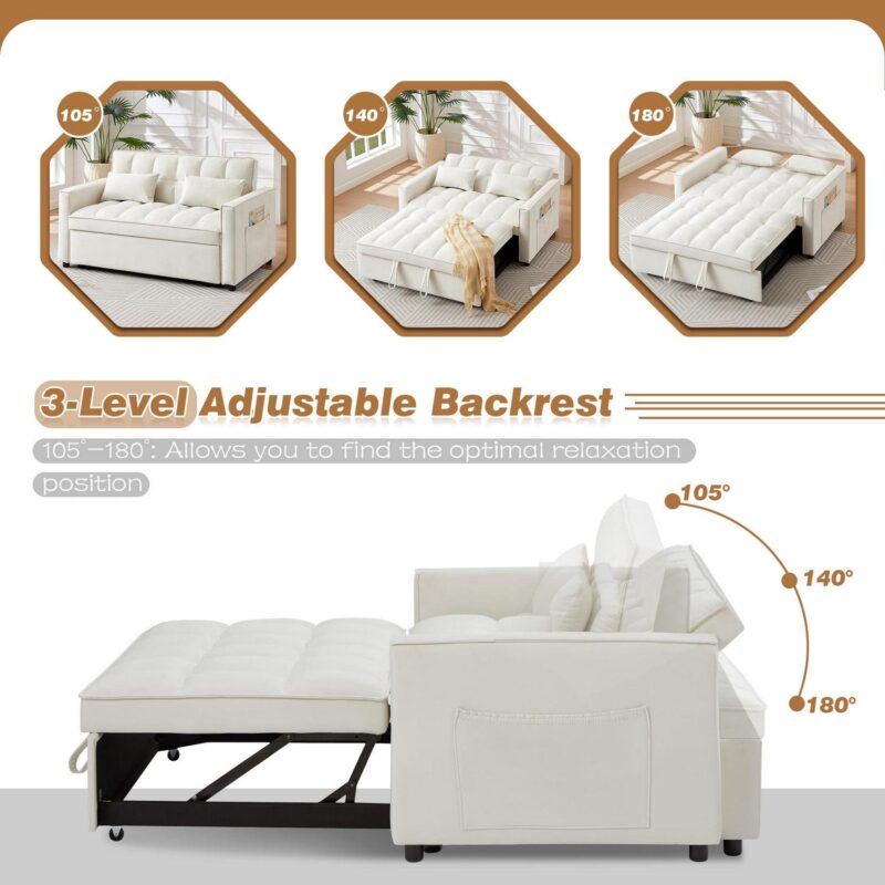 Dinosisco 3 in 1 Convertible Pull Out Sofa Bed, 55  Velvet Sleeper Loveseat, Beige - Image 6