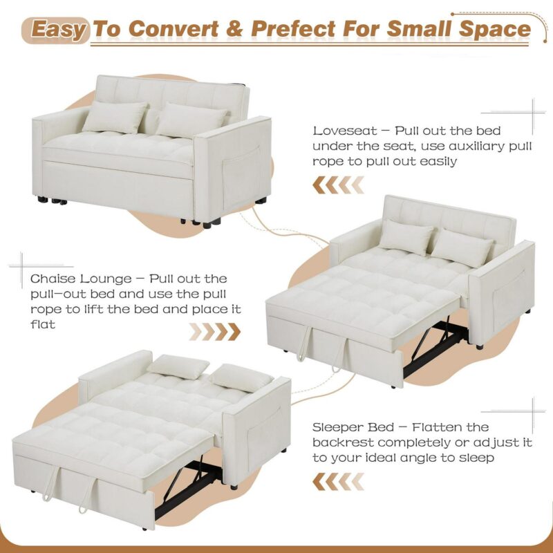 Dinosisco 3 in 1 Convertible Pull Out Sofa Bed, 55  Velvet Sleeper Loveseat, Beige - Image 8