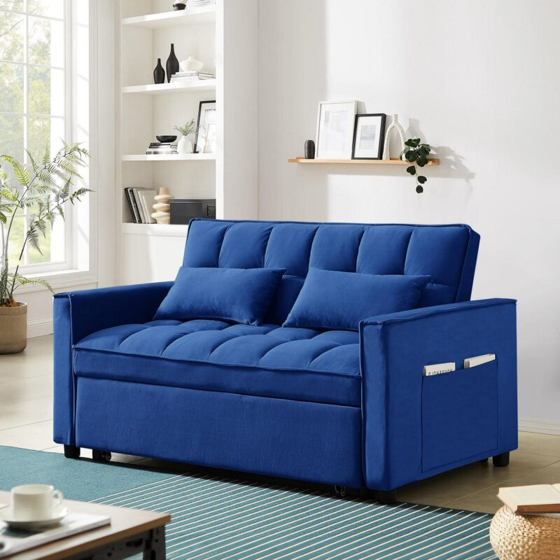 Dinosisco 3 in 1 Convertible Pull Out Sofa Bed, 55  Velvet Sleeper Loveseat, Cobalt Blue - Image 9