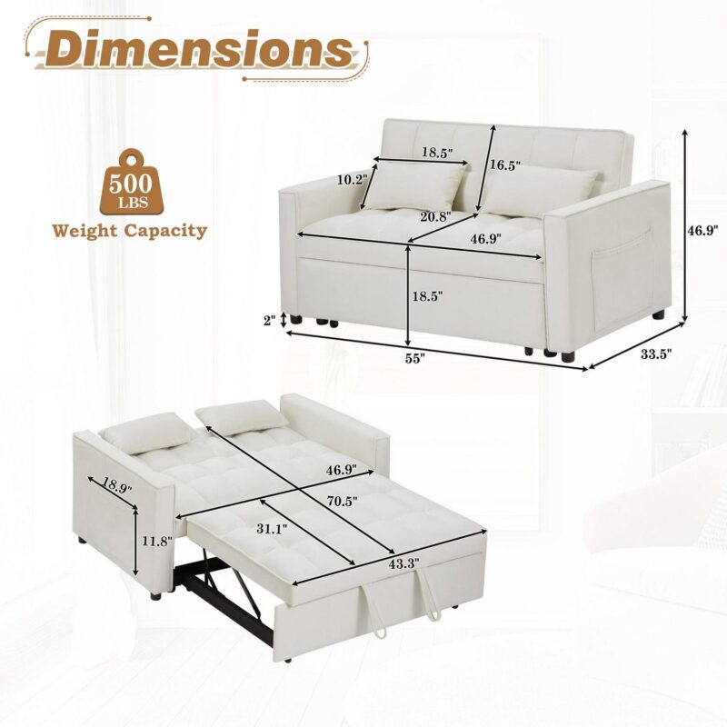 Dinosisco 3 in 1 Convertible Pull Out Sofa Bed, 55  Velvet Sleeper Loveseat, Beige - Image 9