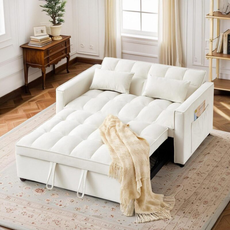 Dinosisco 3 in 1 Convertible Pull Out Sofa Bed, 55  Velvet Sleeper Loveseat, Beige - Image 5