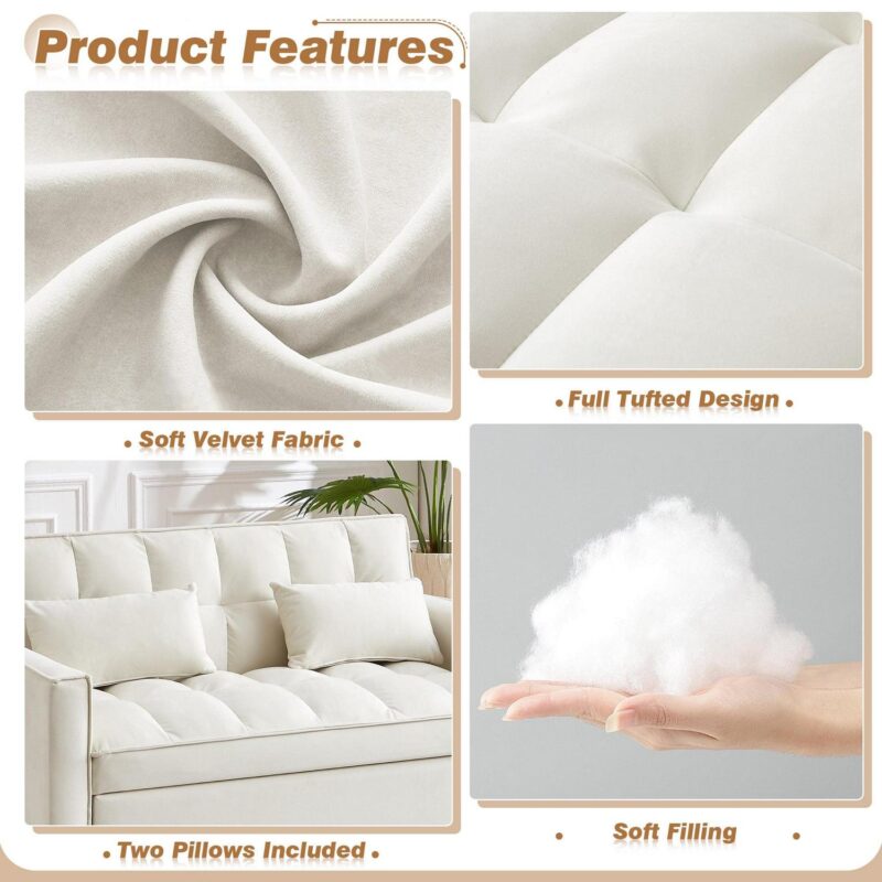 Dinosisco 3 in 1 Convertible Pull Out Sofa Bed, 55  Velvet Sleeper Loveseat, Beige - Image 3