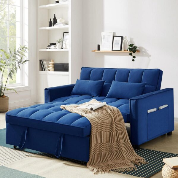 Dinosisco 3 in 1 Convertible Pull Out Sofa Bed, 55  Velvet Sleeper Loveseat, Cobalt Blue