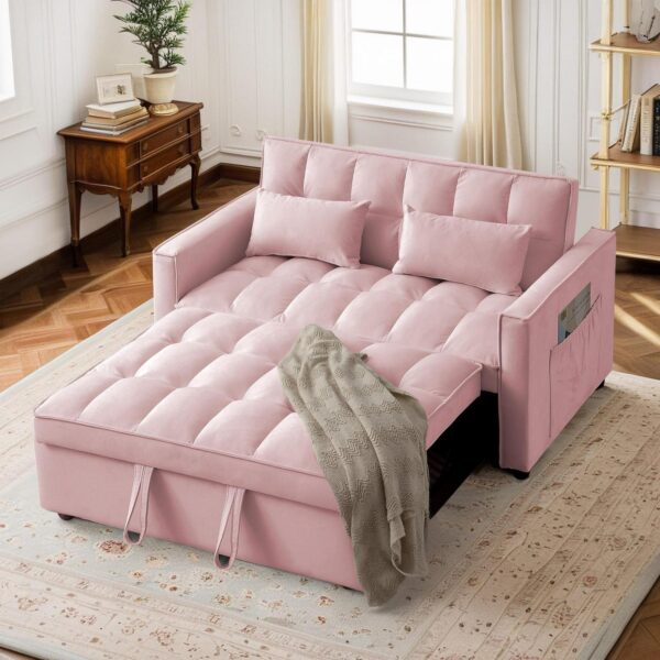 Dinosisco 3 in 1 Convertible Pull Out Sofa Bed, 55  Velvet Sleeper Loveseat, Pink