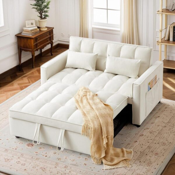 Dinosisco 3 in 1 Convertible Pull Out Sofa Bed, 55  Velvet Sleeper Loveseat, Beige