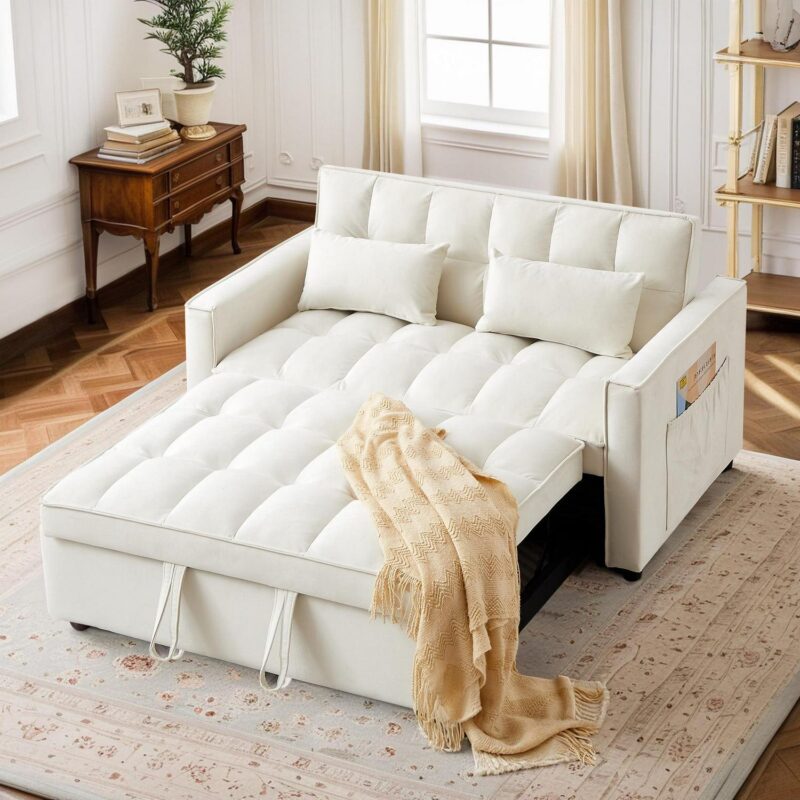 Dinosisco 3 in 1 Convertible Pull Out Sofa Bed, 55  Velvet Sleeper Loveseat, Beige