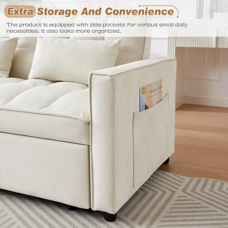 Dinosisco 3 in 1 Convertible Pull Out Sofa Bed, 55  Velvet Sleeper Loveseat, Beige - Image 4