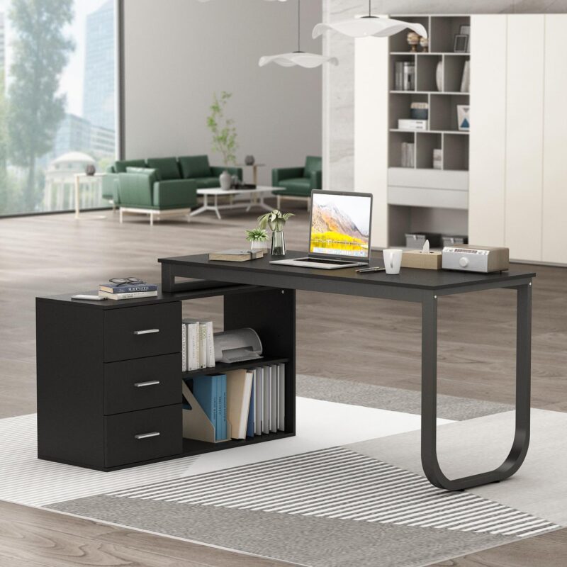 FUFU&GAGA 55.1-Inches Black Modern/Contemporary Executive desk Hutch Included