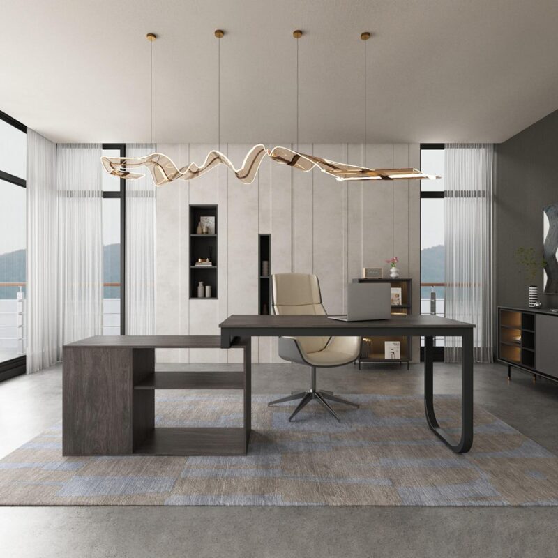 FUFU&GAGA 55.1-Inches Gray Modern/Contemporary L-shaped desk Hutch Included