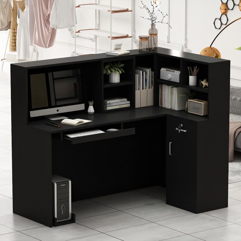 FUFU&GAGA 55.9-in Black Modern/Contemporary Reception desk Hutch Included - Image 2