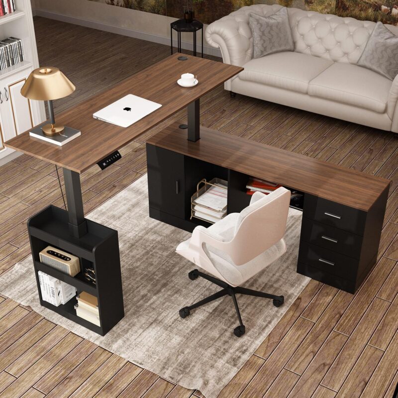 FUFU&GAGA 63-in Brown Modern/Contemporary L-shaped desk Hutch Included
