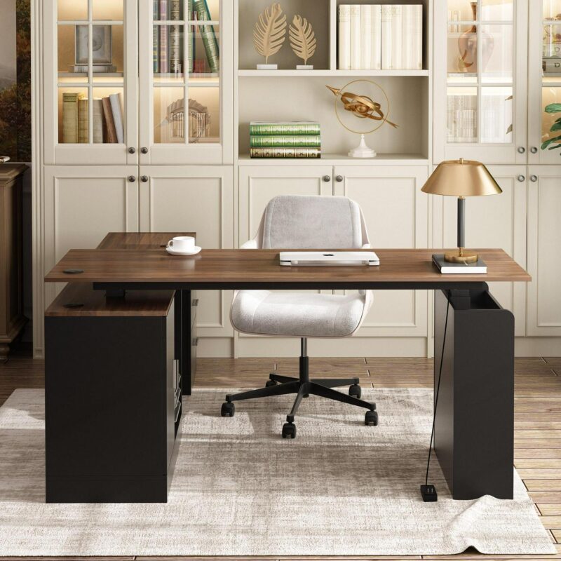 FUFU&GAGA 63-in Brown Modern/Contemporary L-shaped desk Hutch Included - Image 3