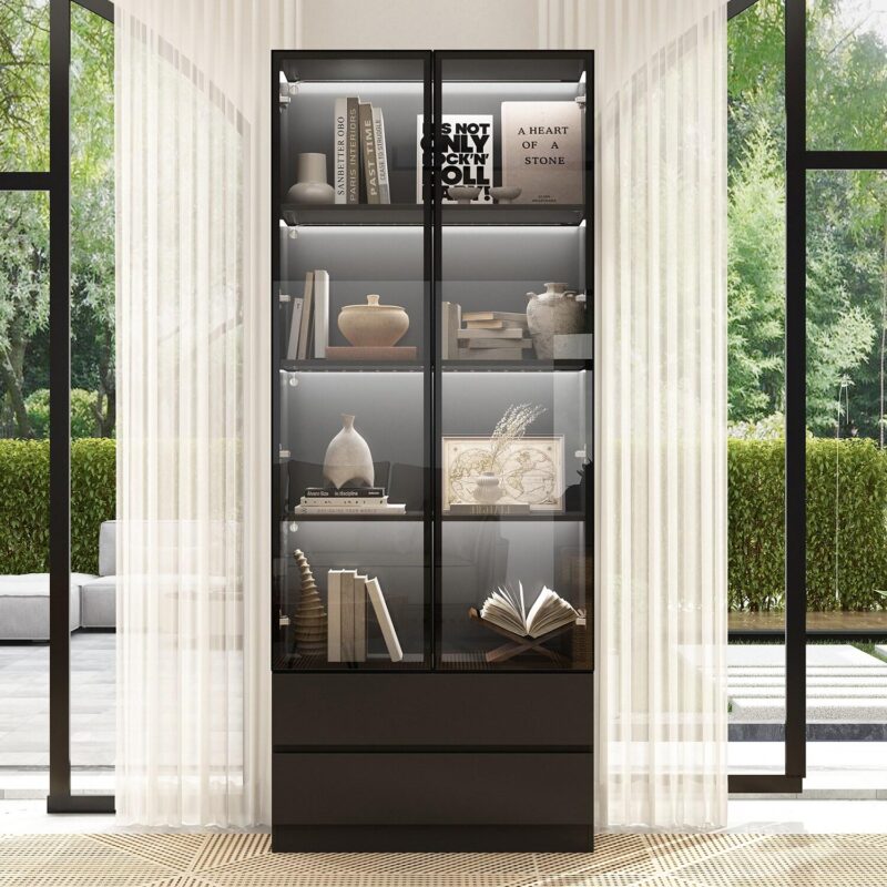 FUFU&GAGA Black MDF 4 -Shelf Bookcase with Doors ( 31.5-Inches W x 78.7-Inches H x 14.2-Inches D ) Finished - Image 5