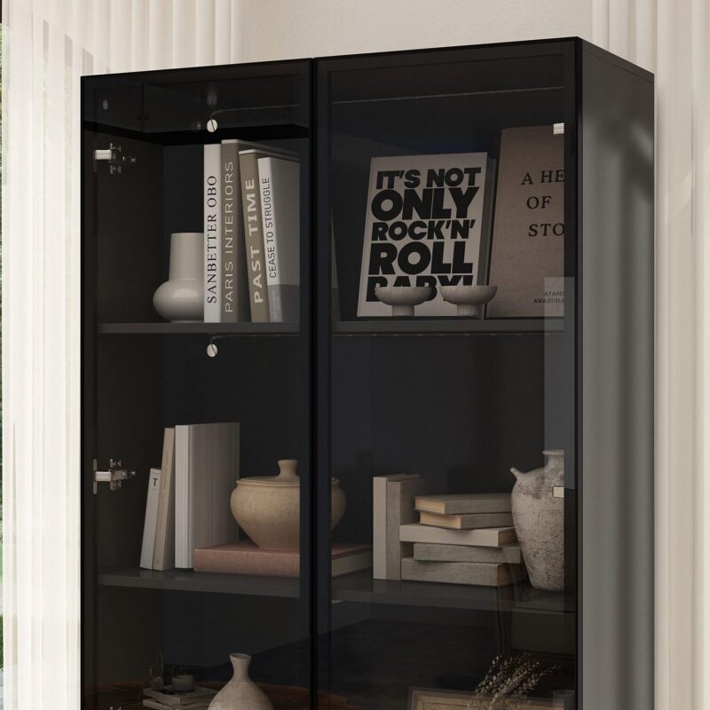 FUFU&GAGA Black MDF 4 -Shelf Bookcase with Doors ( 31.5-Inches W x 78.7-Inches H x 14.2-Inches D ) Finished - Image 9