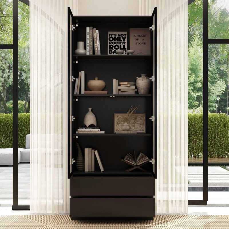 FUFU&GAGA Black MDF 4 -Shelf Bookcase with Doors ( 31.5-Inches W x 78.7-Inches H x 14.2-Inches D ) Finished - Image 3
