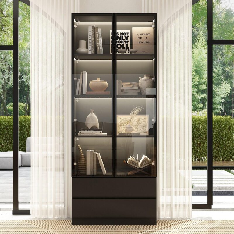 FUFU&GAGA Black MDF 4 -Shelf Bookcase with Doors ( 31.5-Inches W x 78.7-Inches H x 14.2-Inches D ) Finished - Image 6