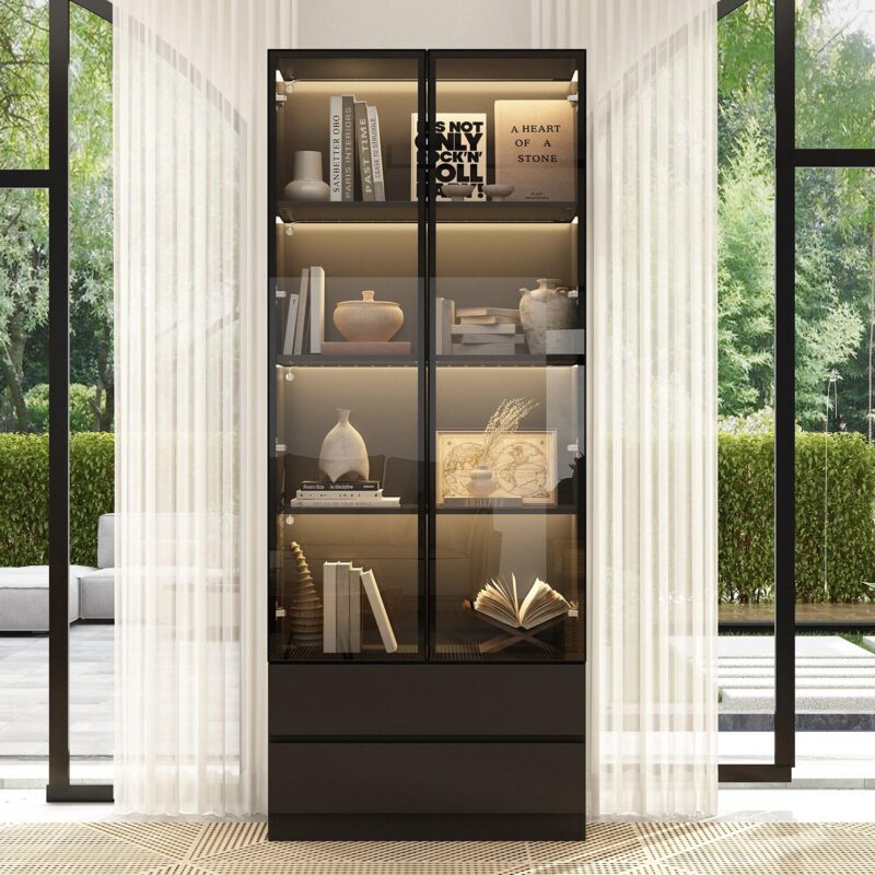 FUFU&GAGA Black MDF 4 -Shelf Bookcase with Doors ( 31.5-Inches W x 78.7-Inches H x 14.2-Inches D ) Finished - Image 7