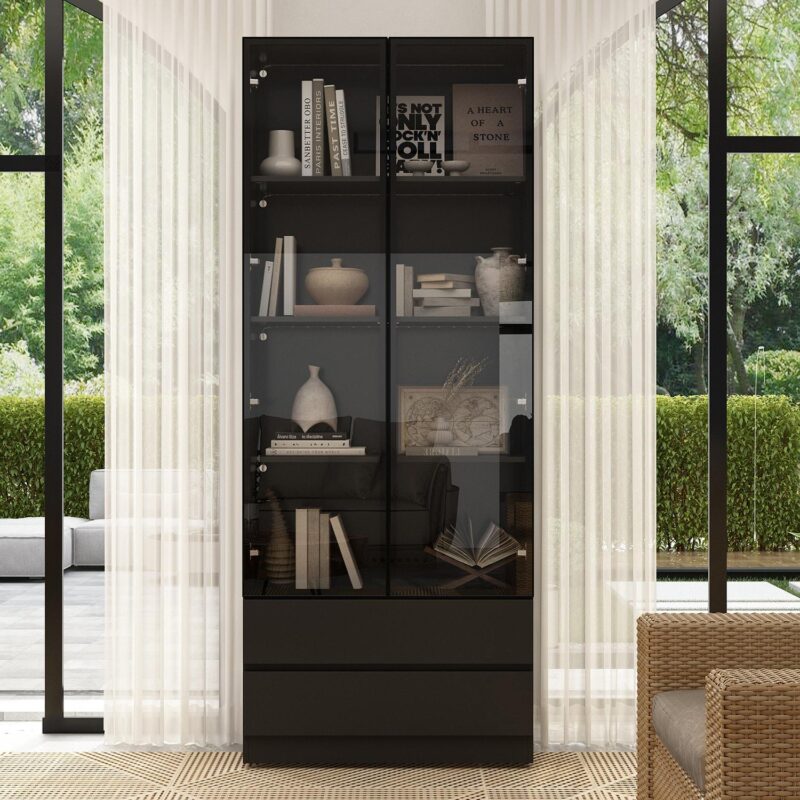 FUFU&GAGA Black MDF 4 -Shelf Bookcase with Doors ( 31.5-Inches W x 78.7-Inches H x 14.2-Inches D ) Finished