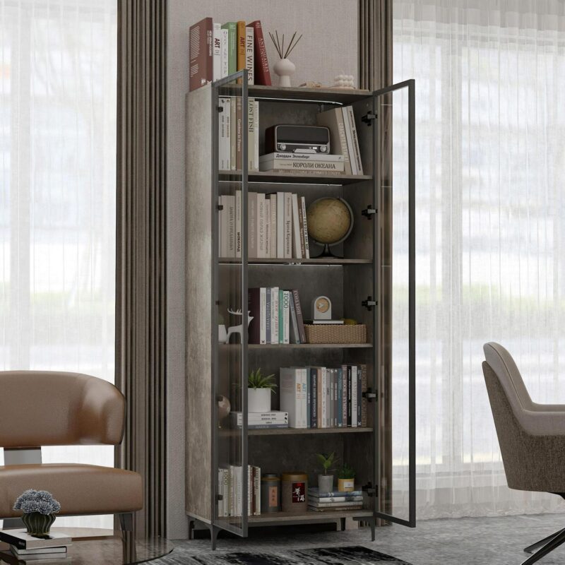 FUFU&GAGA Gray MDF 5 -Shelf Bookcase with Doors ( 27.6-Inches W x 72.4-Inches H x 13.8-Inches D ) Finished