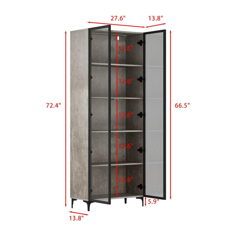 FUFU&GAGA Gray MDF 5 -Shelf Bookcase with Doors ( 27.6-Inches W x 72.4-Inches H x 13.8-Inches D ) Finished - Image 12