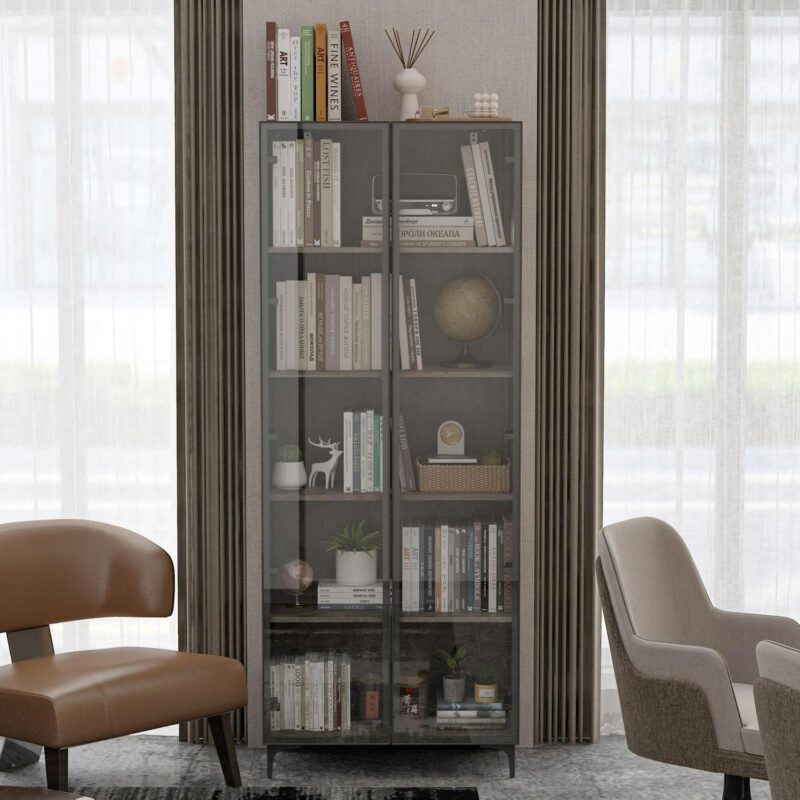 FUFU&GAGA Gray MDF 5 -Shelf Bookcase with Doors ( 27.6-Inches W x 72.4-Inches H x 13.8-Inches D ) Finished - Image 2