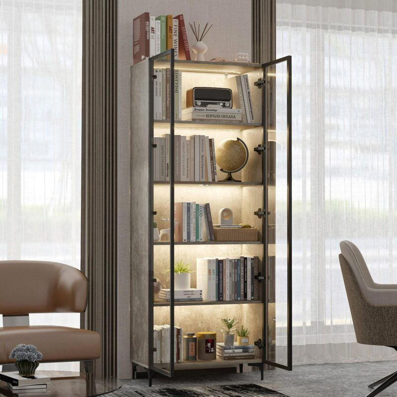 FUFU&GAGA Gray MDF 5 -Shelf Bookcase with Doors ( 27.6-Inches W x 72.4-Inches H x 13.8-Inches D ) Finished - Image 3