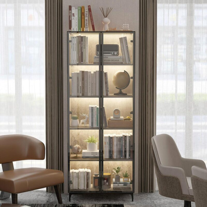 FUFU&GAGA Gray MDF 5 -Shelf Bookcase with Doors ( 27.6-Inches W x 72.4-Inches H x 13.8-Inches D ) Finished - Image 4