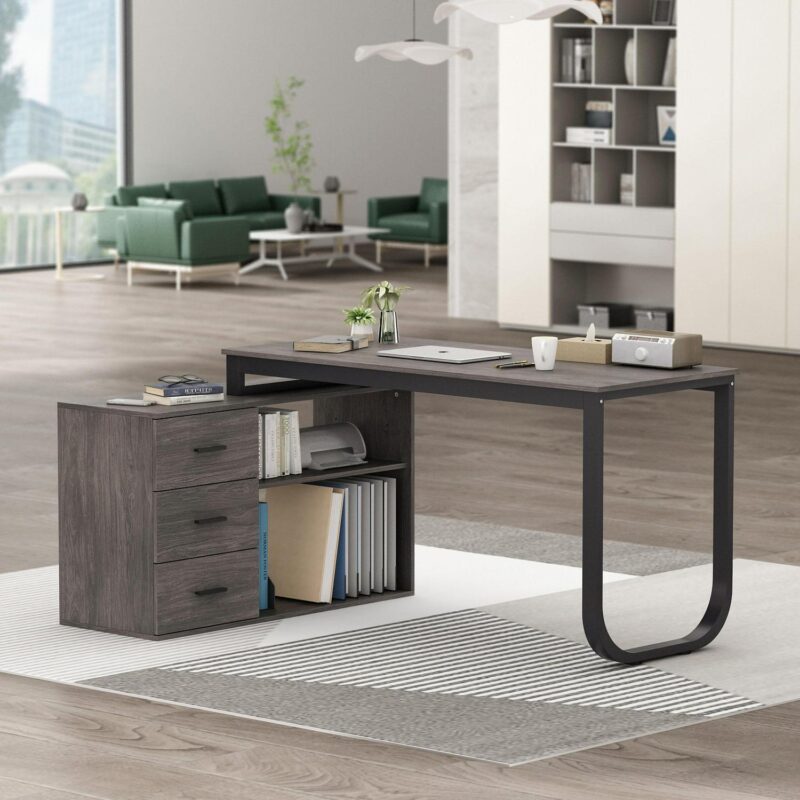 FUFU&GAGA L-shaped Desk 55.1-Inches Black Modern/Contemporary Computer desk Hutch Included