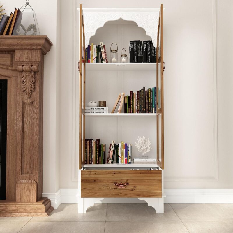 FUFU&GAGA White+Yellow MDF 3 -Shelf Bookcase with Doors ( 31.5-Inches W x 70.9-Inches H x 15.7-Inches D ) Finished - Image 4
