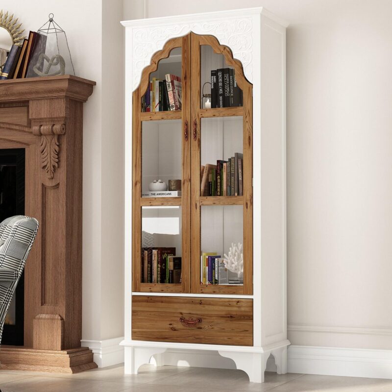 FUFU&GAGA White+Yellow MDF 3 -Shelf Bookcase with Doors ( 31.5-Inches W x 70.9-Inches H x 15.7-Inches D ) Finished - Image 2