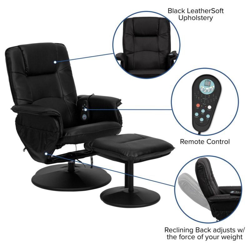 Flash Furniture Black Faux leather Upholstered Swivel Massage chair with Ottoman Set - Image 7