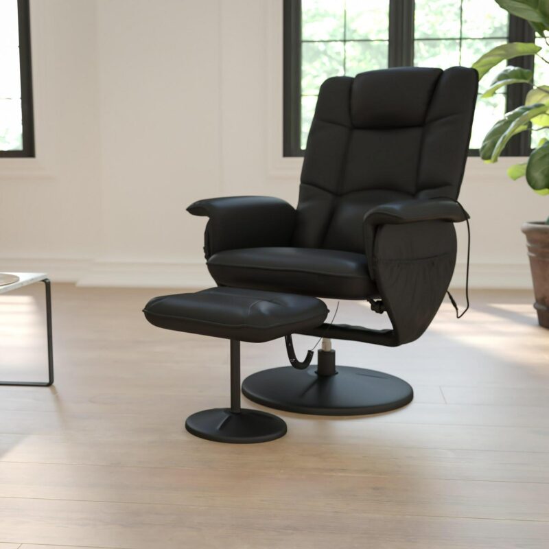 Flash Furniture Black Faux leather Upholstered Swivel Massage chair with Ottoman Set - Image 2
