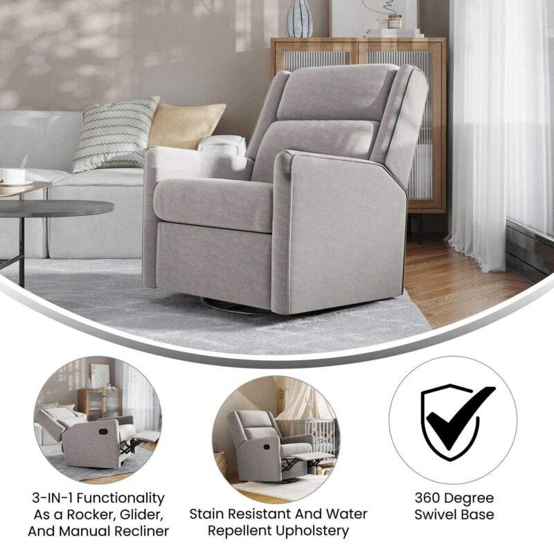 Flash Furniture Cash Light Gray Polyester Upholstered Swivel Recliner - Image 3