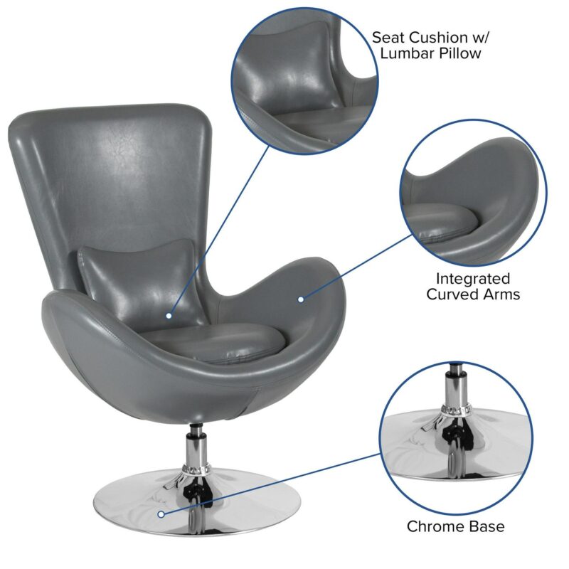 Flash Furniture Egg Modern Gray Leather Faux leather Swivel Accent Chair - Image 2
