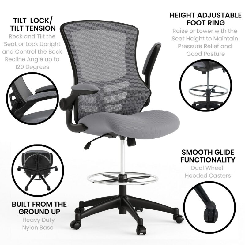 Flash Furniture Kelista Dark Gray Mesh/Black Frame Contemporary Adjustable Height Swivel Mesh Drafting Chair - Image 7