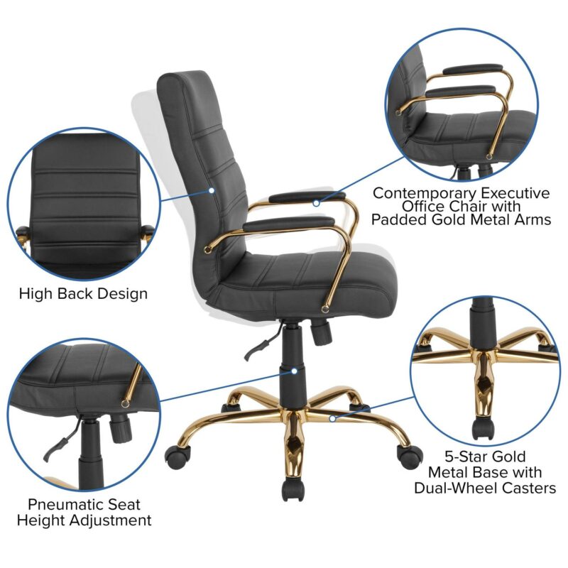 Flash Furniture Whitney Black Leathersoft/Gold Frame Contemporary Adjustable Height Swivel Faux Leather Executive Chair - Image 7