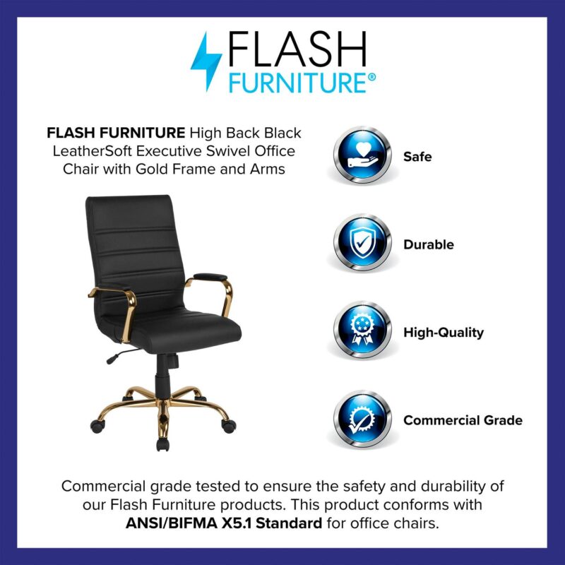 Flash Furniture Whitney Black Leathersoft/Gold Frame Contemporary Adjustable Height Swivel Faux Leather Executive Chair - Image 5