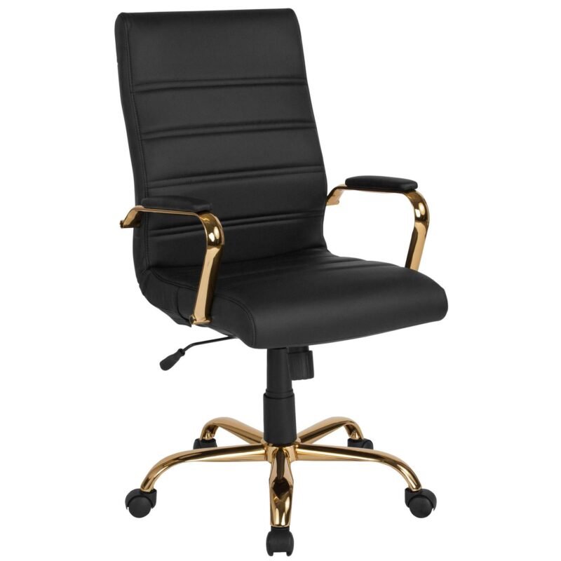 Flash Furniture Whitney Black Leathersoft/Gold Frame Contemporary Adjustable Height Swivel Faux Leather Executive Chair