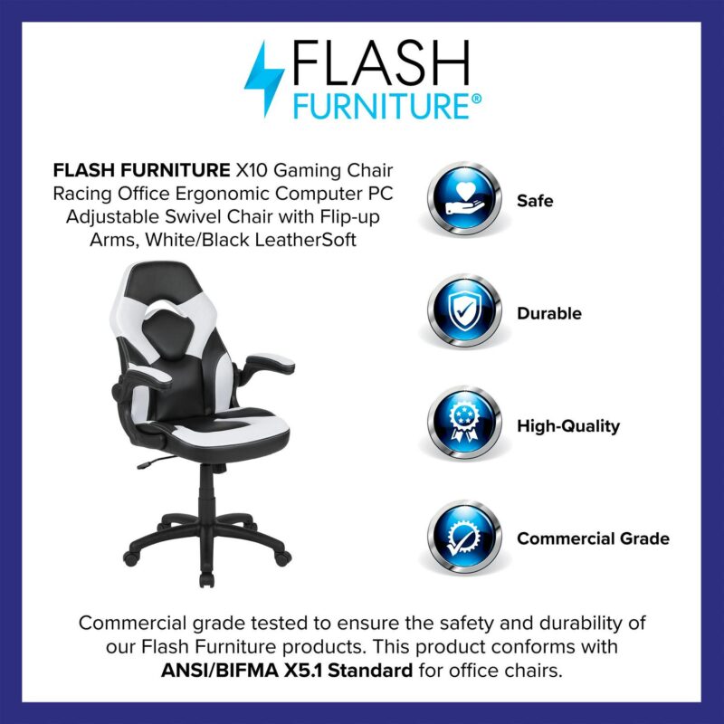 Flash Furniture X10 White Contemporary Adjustable Height Swivel Faux Leather Gaming Chair - Image 5