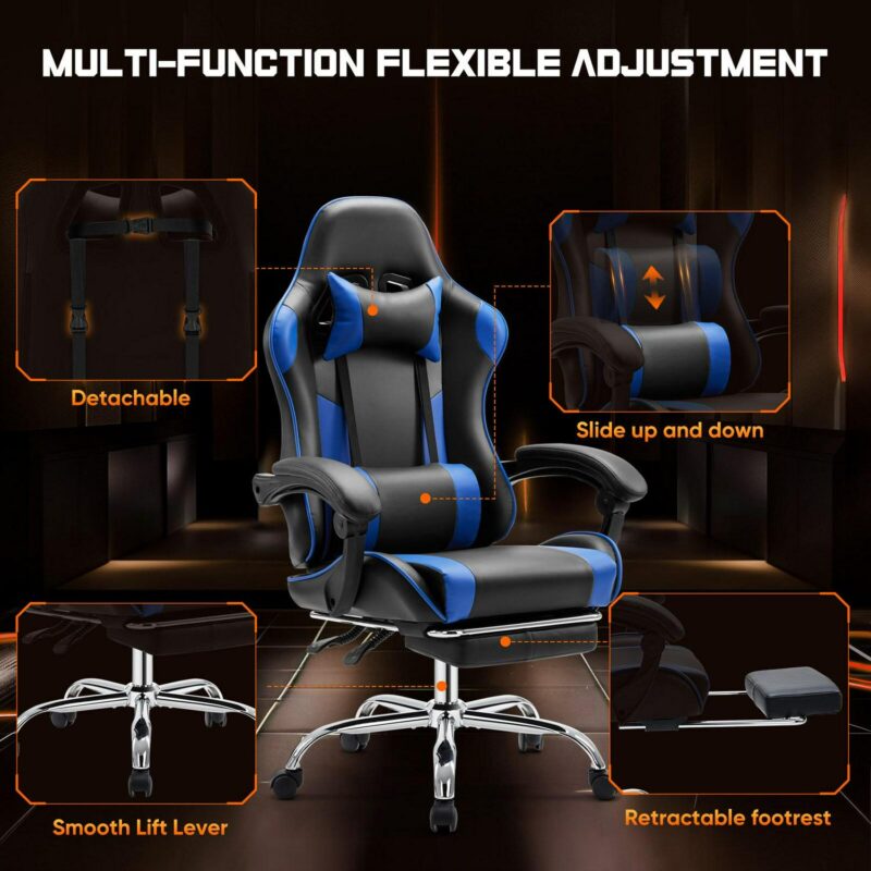 Flynama Black+Blue Contemporary Ergonomic Adjustable Height Swivel Faux Leather Gaming Chair - Image 3
