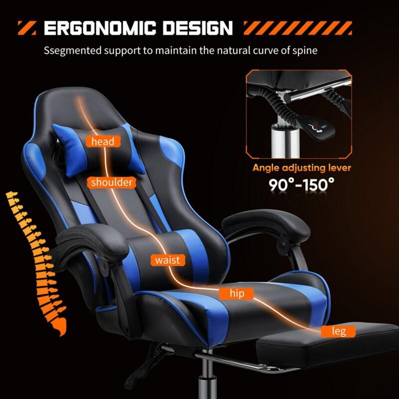 Flynama Black+Blue Contemporary Ergonomic Adjustable Height Swivel Faux Leather Gaming Chair - Image 4