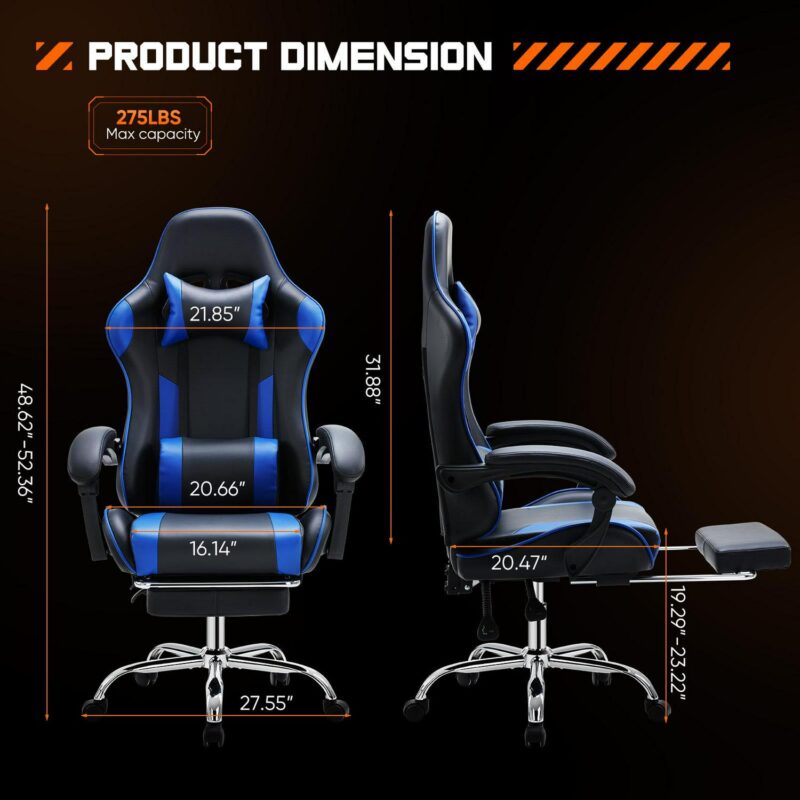 Flynama Black+Blue Contemporary Ergonomic Adjustable Height Swivel Faux Leather Gaming Chair - Image 7
