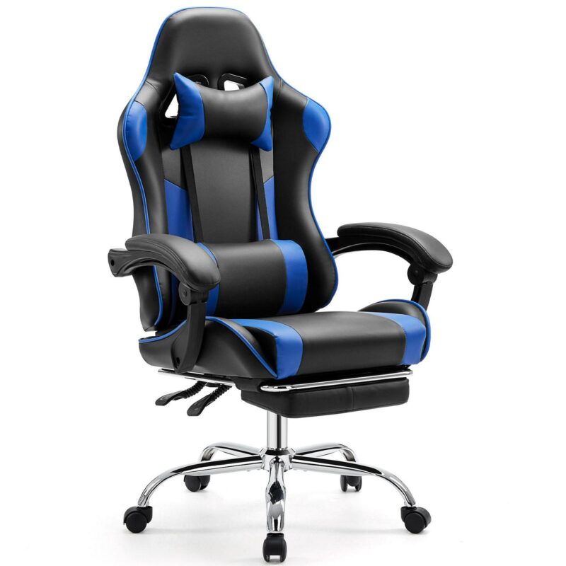 Flynama Black+Blue Contemporary Ergonomic Adjustable Height Swivel Faux Leather Gaming Chair