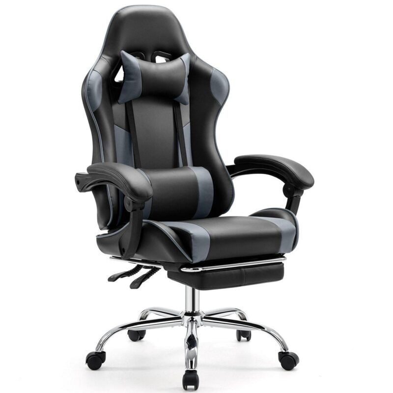 Flynama Black+Gray Contemporary Ergonomic Adjustable Height Swivel Faux Leather Gaming Chair